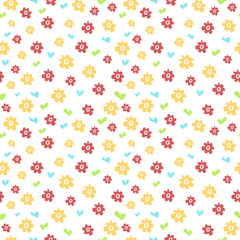 Seamless pattern with colored flowers and hearts. Simple style