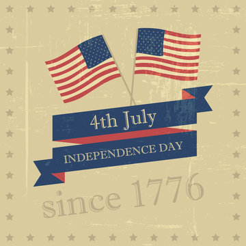 Independence day retro background, usa flags and ribbon