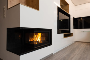 interior of beautiful modern living room with fireplace - obrazy, fototapety, plakaty
