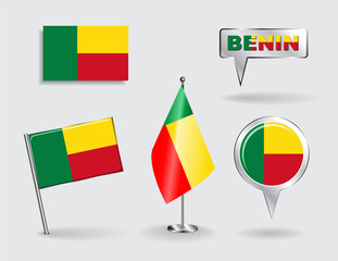 Set of Benin pin, icon and map pointer flags. Vector