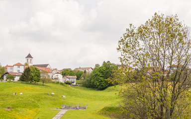 Fototapeta na wymiar Saignelégier, Dorf, Dorfkirche, Jura, Freiberge, Wanderwoche, Bauerndorf, Frühling, Schweiz