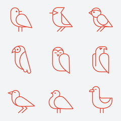 Obraz premium Ikony ptaków, styl cienkich linii, Płaska konstrukcja