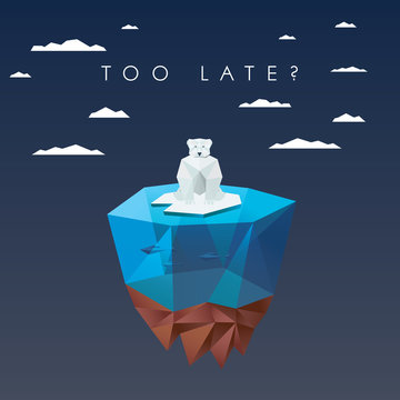 Low Polygonal Polar Bear Sitting On Ice Floating Island