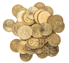 Malaysian coins over white background
