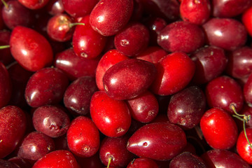 Cornelian cherries at the farmers market, close up