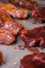 Pork in sticky red chinese glaze for barbecue, homemade party di