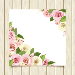 White card with pink and white roses on a wooden background. Vector eps-10.