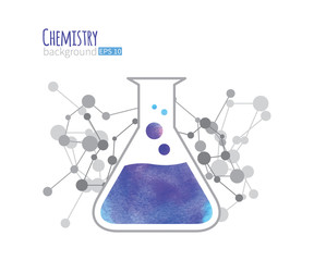 Chemistry science design template. Watercolor texture, molecules background