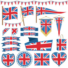 uk union jack flags ribbons bunting emblems vector red white blue clipart isolated on white