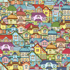 Fototapeta na wymiar Vector seamless pattern with hand drawn and cute houses. Background for use in design, web site, packing, textile, fabric