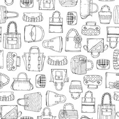 Vector seamless pattern with hand drawn and fashionable handbags for women on white background. Background for use in design, web site, packing, textile, fabric