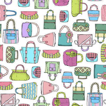 Vector seamless pattern with hand drawn and fashionable handbags for women. Background for use in design, web site, packing, textile, fabric