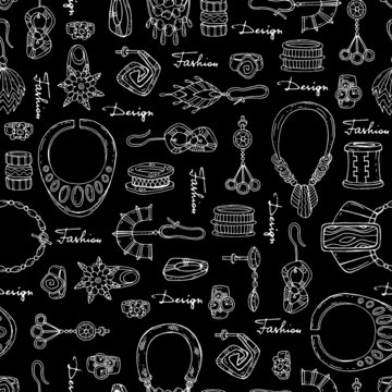 Vector seamless pattern with hand drawn fashionable jewelry on black background. Background for use in design, web site, packing, textile, fabric