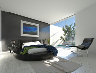 Modern luxury bedroom with black leather