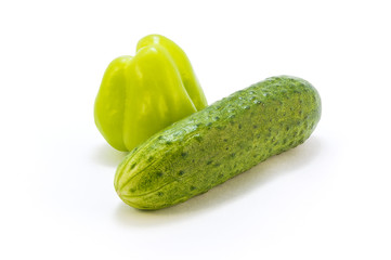 Cucumber and bell peppers on a white background