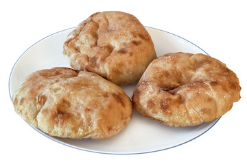 Porcelain Plate with three Pita Bread loafs, Isolated on White Background.