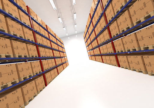 Warehouse shelves filled with boxes. 