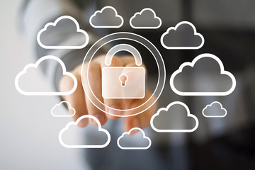 Businessman push web button cloud lock icon