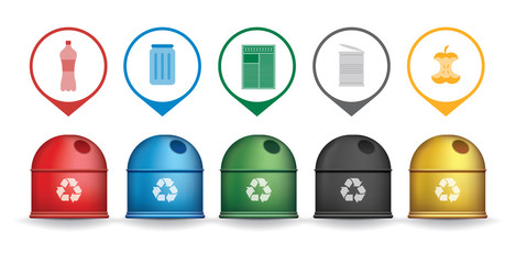 Recycle trash containers with garbage icons vector set - obrazy, fototapety, plakaty