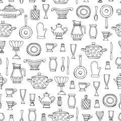 Vector seamless pattern with hand drawn kitchen utensils on white background. Background for use in design, web site, packing, textile, fabric