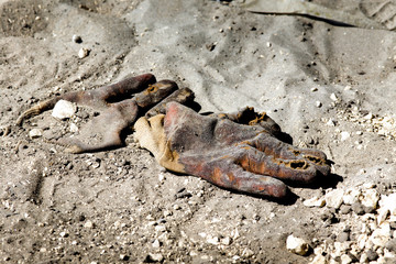 Ripped working gloves on sand