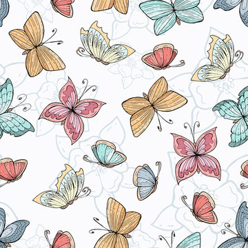 Vector seamless pattern with hand drawn butterflies and flowers. Background for use in design, web site, packing, textile, fabric