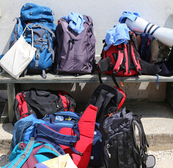 backpacks of hikers before departure in the mountains