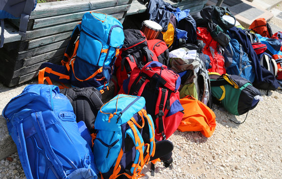 backpacks of hikers before departure in the high mountains