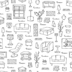 Vector seamless pattern of hand drawn furniture and decorative elements on white background. Interior design. Background for use in design, web site, packing, textile, fabric
