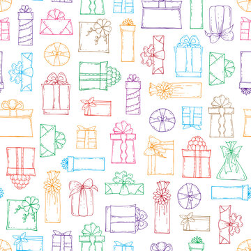 Vector seamless pattern of hand drawn colored gifts on white background. Background for use in design, web site, packing, textile, fabric