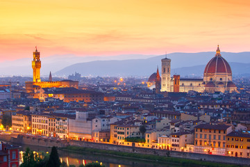 Famous view of Florence at sunset, Italy