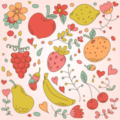 Sweet set of fruits in lovely pastel vintage color. Set of fruits are apple, lemon, banana, orange, pear, grapes, cherries, strawberry, and some small berries, along with flowers, and ferns in vector