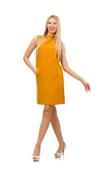 Pretty girl in ocher dress isolated on white