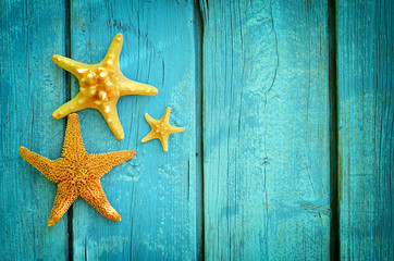 Fototapeta na wymiar Family of starfish on a blue wooden background