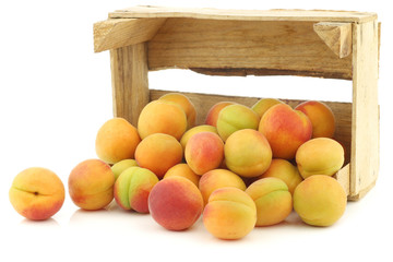 Fresh colorful apricots in a wooden box on a white background