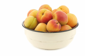 Fresh colorful apricots in an enamel bowl on a white background