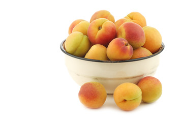 Fresh colorful apricots in an enamel bowl on a white background