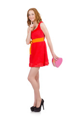 Young nice girl with giftbox isolated on white