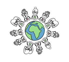 Cute cartoon business people connecting around the world