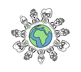 Cute cartoon business people connecting around the world