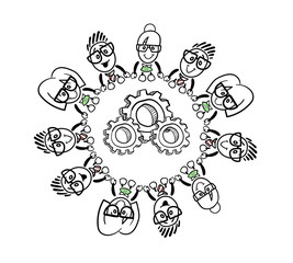 Cute cartoon business people connecting around a cog