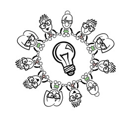 Cute cartoon business people connecting around a bulb