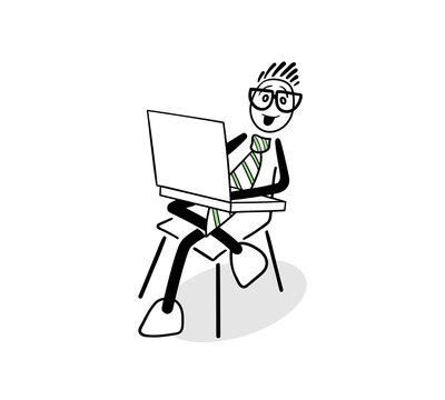 Cute cartoon businessman using laptop