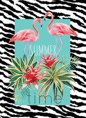 Fototapeta premium flamingo and tropical plants watercolor print