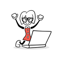 Cute cartoon businesswoman cheering at laptop