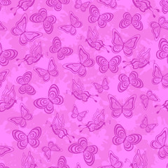 Seamless Pattern, Pink Outline Butterflies