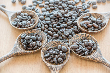 coffee beans on wooden spoon