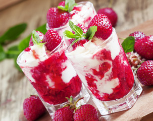 Creamy strawberry mousse, selective focus