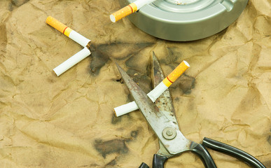 Scissors are cutting a cigarette