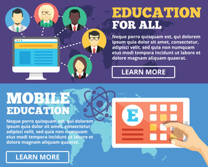 Mobile education, education for all, internet education flat illustration concepts set.